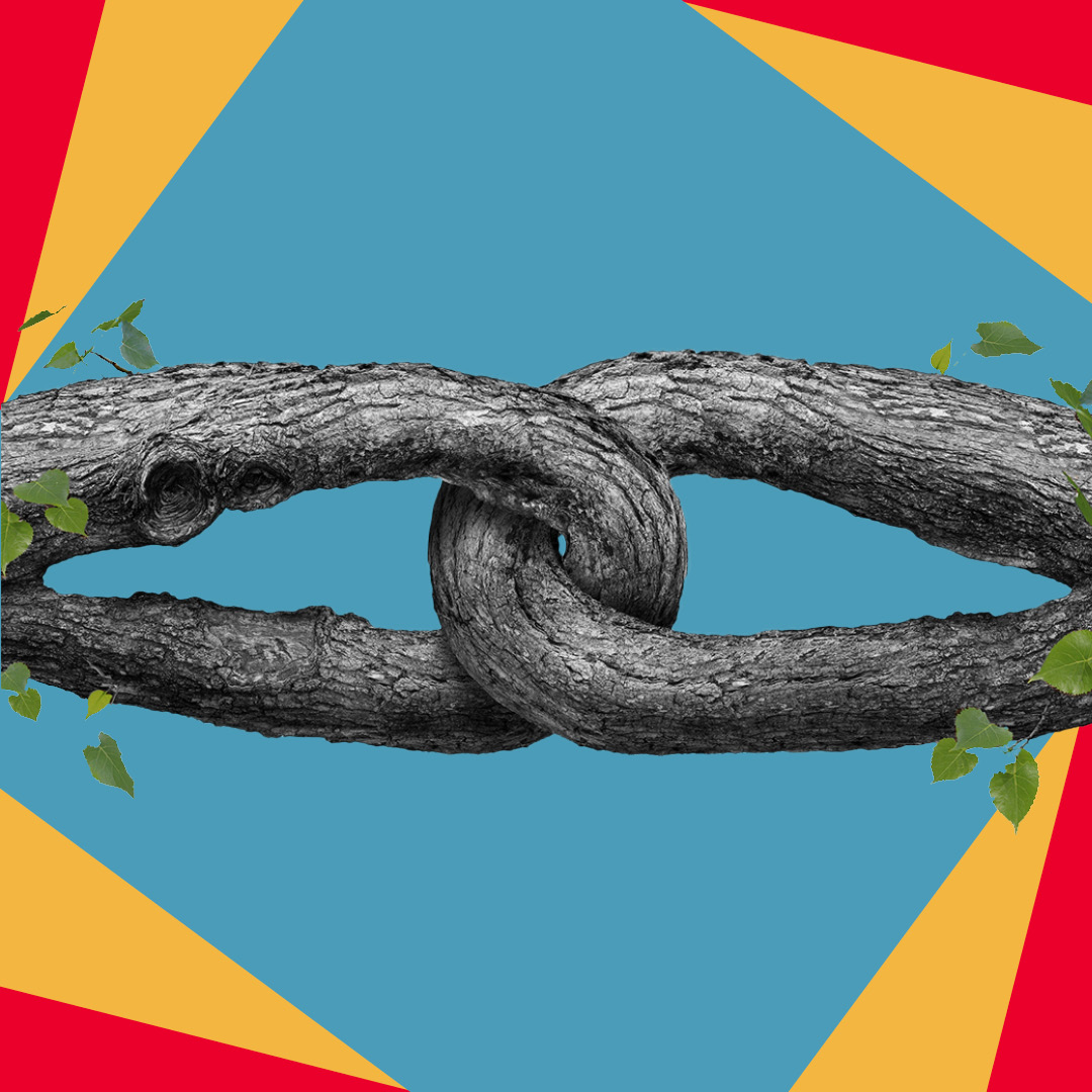 tree branches detailed as chain links against blue, yellow and red background