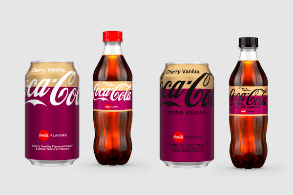 Bottles and cans of Cherry Vanilia Coca-Cola